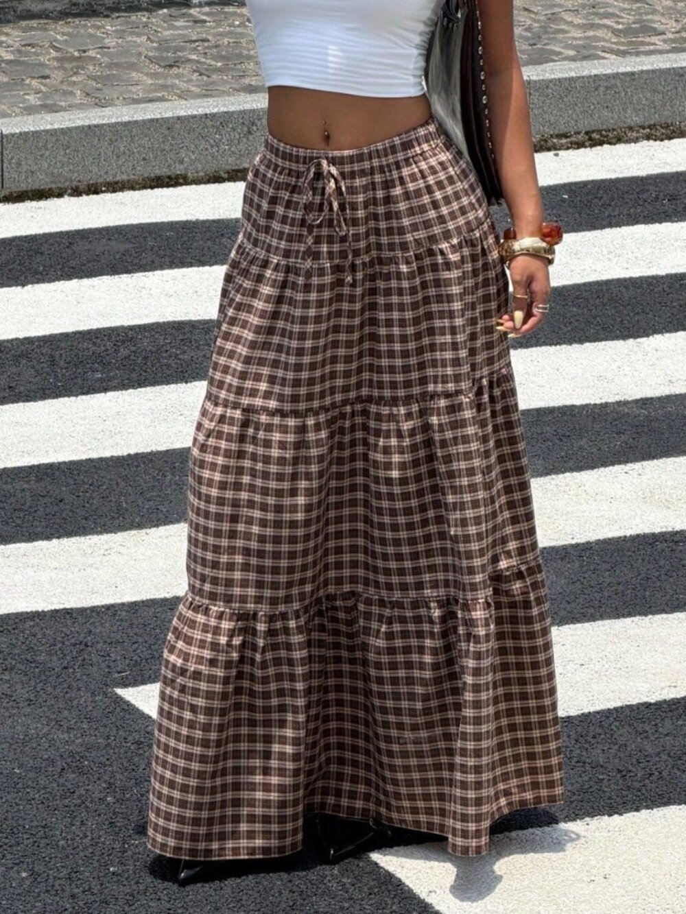 Multicolor Casual Women's Plaid Pleated Maxi Skirt